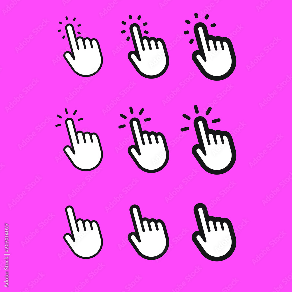 Fototapeta premium Hand clicking icon, cursor linear vector collection