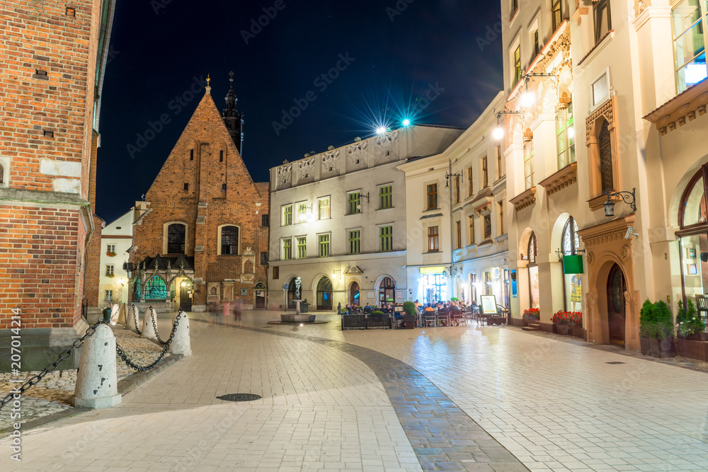 street of the city of Kraakov, view of the Catholic church in the evening