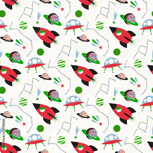 Tapety Astronautyczny bezszwowy deseniowy wektorowy tło. Statek kosmiczny, planety, rakieta, gwiazda, UFO i kometa modny wzór dla dzieci. Dziecinne tło wektor.