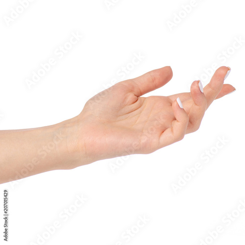 Empty open woman hand on white background isolation