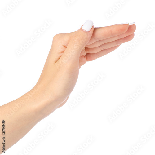 Female hand show bye on a white background isolation