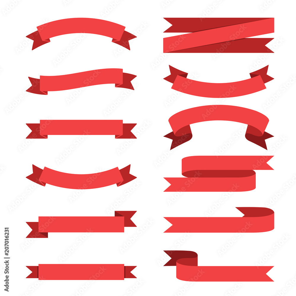 Collection of red ribbon banners set in flat design
