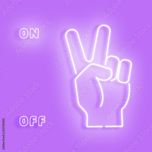 White neon sign showing the sign of victory. White neon hand on a lilac background. Glow turns off and turns on in layers. For animation. Vector illustration.