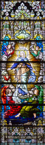 Salt Lake City  Utah  US. 31 08 2017. Stained glass in The Cathedral of the Madeleine depicting the Assumption of Virgin Mary into heaven.