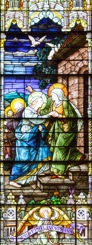Salt Lake City,Utah,US. 31/08/2017. Stained glass in The Cathedral of the Madeleine depicting the visitation of Virgin Mary to Elizabeth. photo