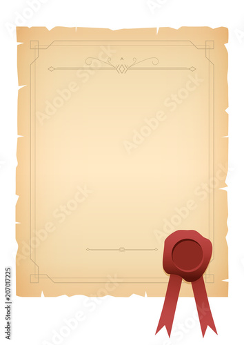 Vector template for certificate, diploma or letter with vintage decorative elements and red wax seal with ribbons