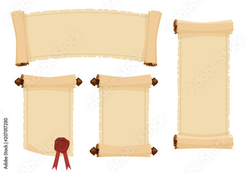 Parchment scrolls and sheets of old paper with decorative borders. Set of vector banners