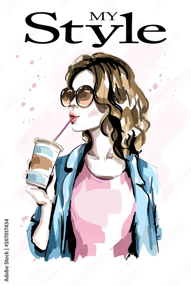 Hand drawn beautiful young woman with paper coffee cup. Fashion woman in sunglasses. Stylish lady. Sketch. Hand drawn beautiful young woman with paper coffee cup. Fashion woman in sunglasses. Stylish lady. Sketch.