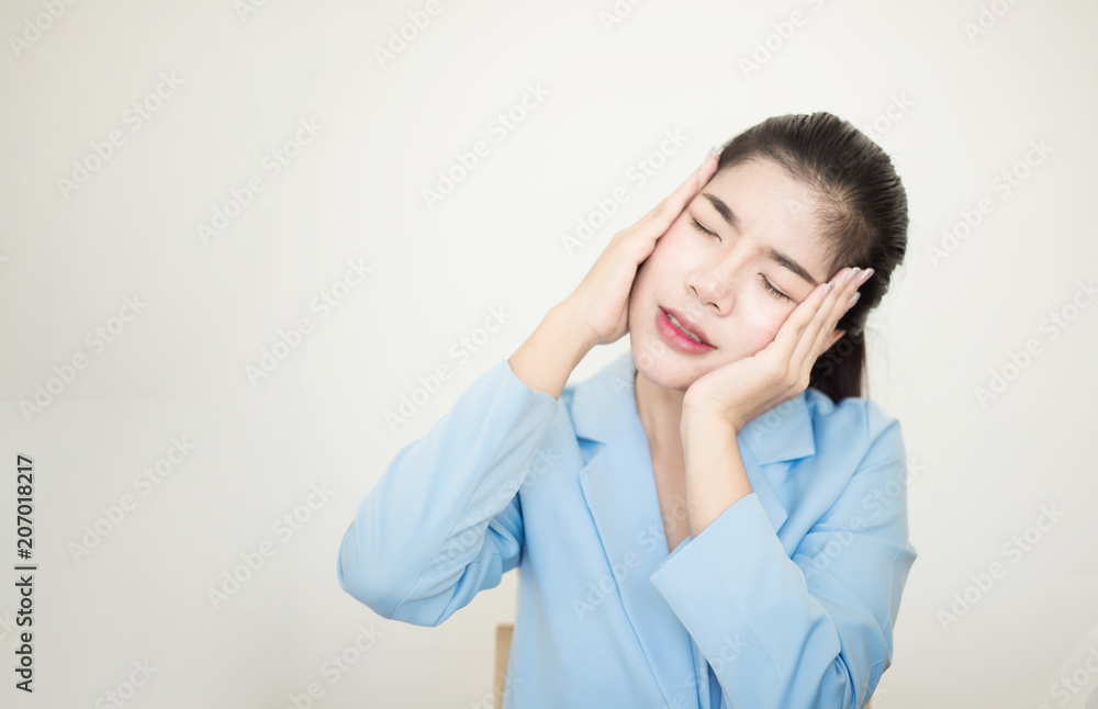 Business woman with stress or migraine in work time, office sydrome. Business woman with stress or migraine in work time, office sydrome.