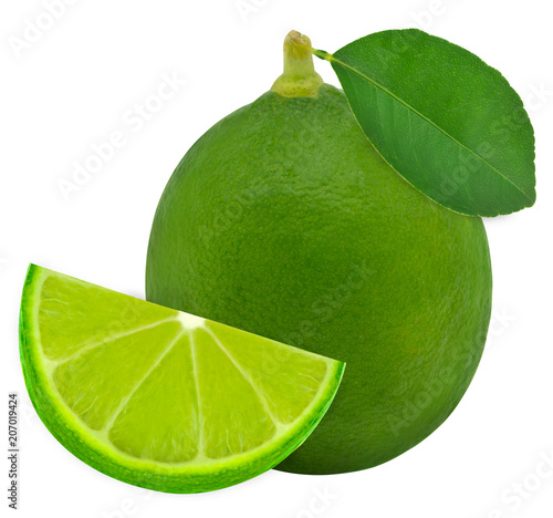 Lime with half and leaves Lemon green isolated on white Clipping path .