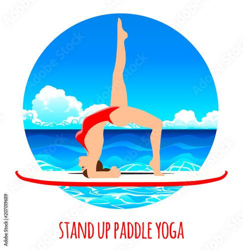 Woman practicing SUP yoga on a paddle board in the sea ocean Vector illustration. Sea background.