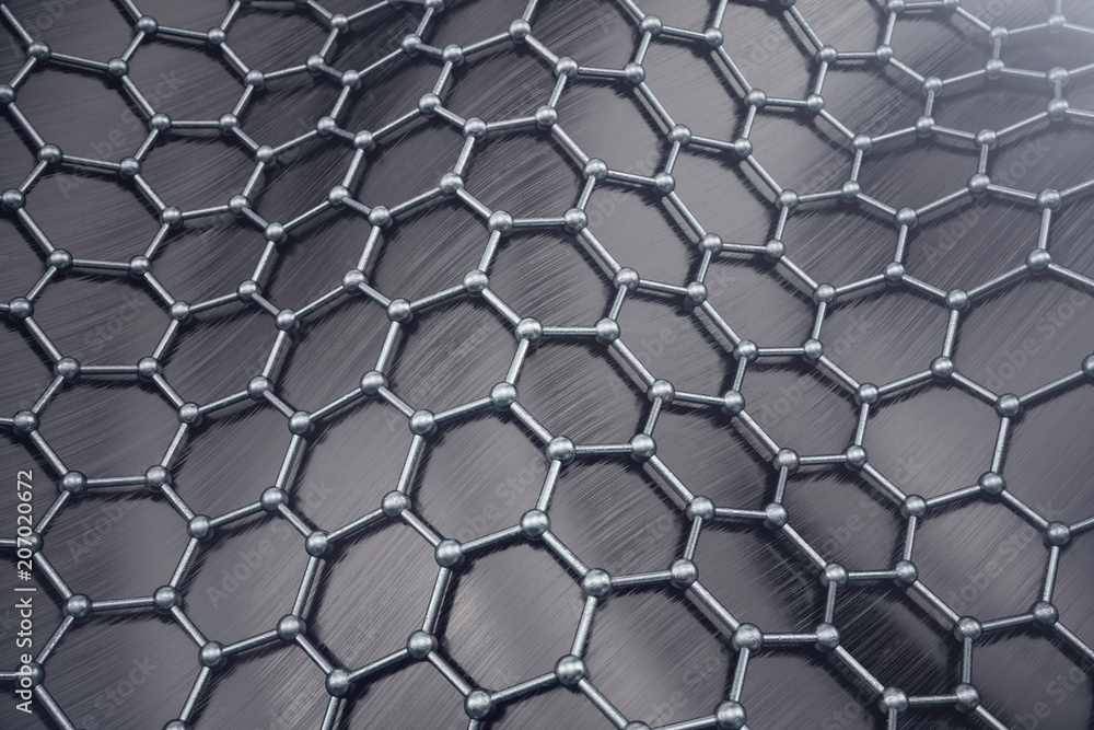 3D rendering abstract nanotechnology hexagonal geometric form close-up. Graphene atomic structure concept, carbon structure. 3D rendering abstract nanotechnology hexagonal geometric form close-up. Graphene atomic structure concept, carbon structure.