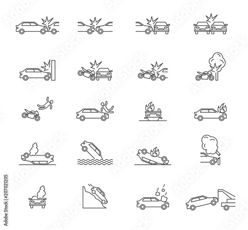 Car Accident Signs Black Thin Line Icon Set. Vector