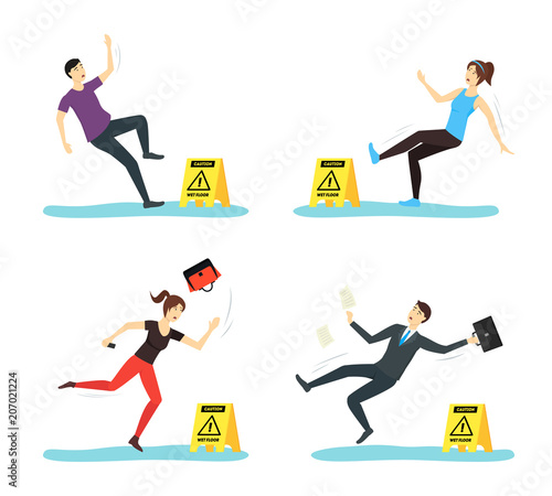 Cartoon Caution Wet Floor with People Characters Set. Vector