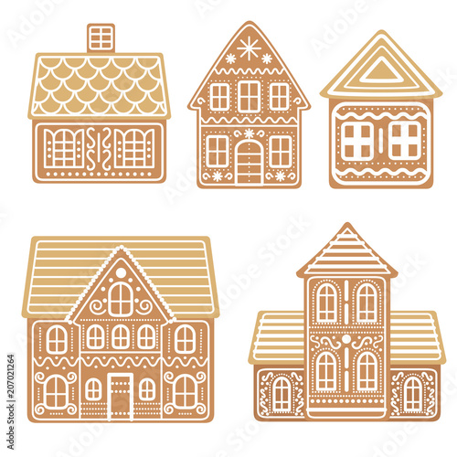 Cartoon Festive Gingerbread Houses Set. Vector