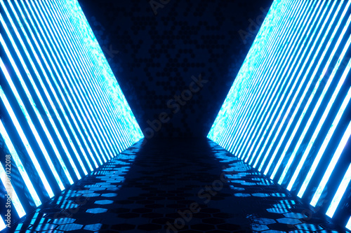 3D rendering Abstract blue room interior with blue neon lamps. Futuristic architecture background. Mock-up for your design project.