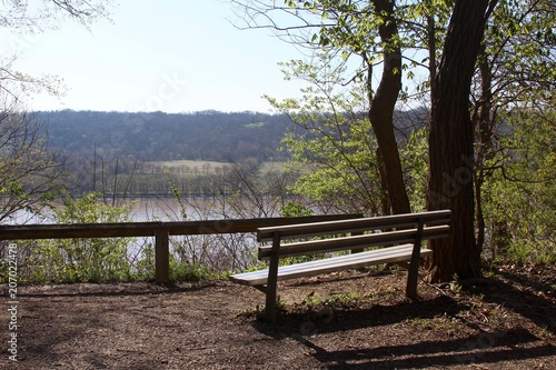 The park bench in the forest with a view of the river.