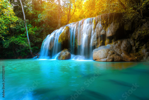 Fototapeta Naklejka Na Ścianę i Meble -  Deep forest Waterfall in Kanchanaburi province, Thailand.