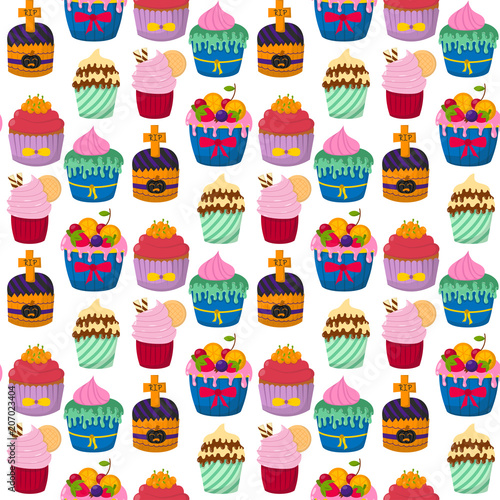 Cute vector cupcakes and muffins chocolate seamless pattern background celebr...