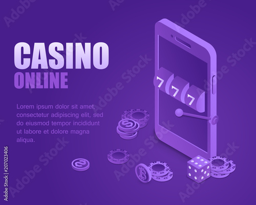 Concept casino online. Vector illustration isometric slot machine on screen phone. Landing page digital casino game