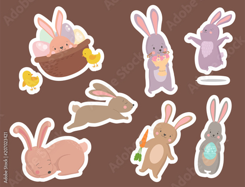 Easter rabbit character bunny different pose vector cute happy animal set ill...