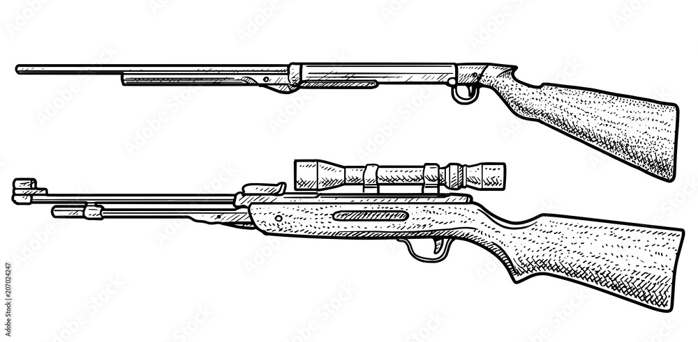 Vetor de Air rifle illustration, drawing, engraving, ink, line art