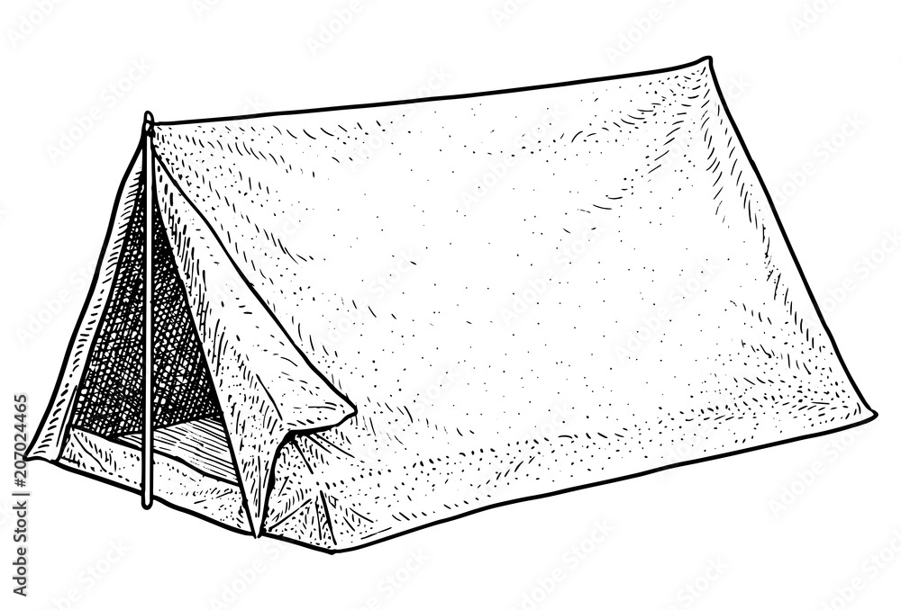 Camping tent illustration, drawing, engraving, ink, line art, vector Stock  Vector | Adobe Stock