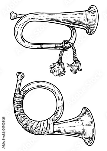 Hunting horn illustration, drawing, engraving, ink, line art, vector