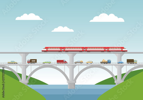 Vector illustration. Bridge with cars and train.