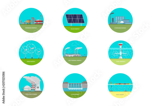 Vector set of illustrations. Alternative energy.Nuclear, hydro, biomass, tidal, solar, wind, geothermal, hydrogen and wave energy.Renewable electricity.