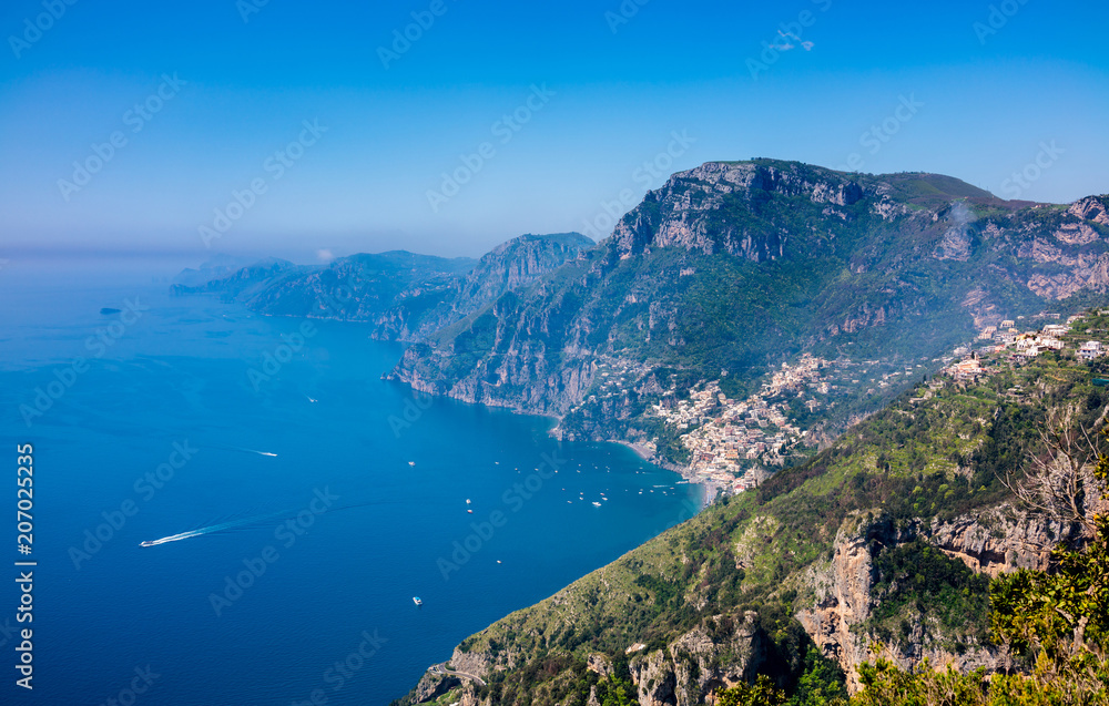 Aerial view of Positano town and Amalfi coast  from hiking trail 
