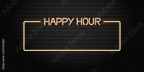 Vector realistic isolated neon sign of Happy Hour frame for decoration and covering on the wall background. Concept of night club, free drinks, bar counter and restaurant.
