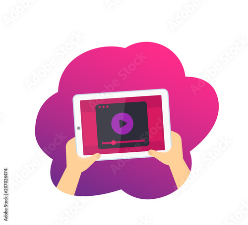 tablet in hands with video player, vector illustration