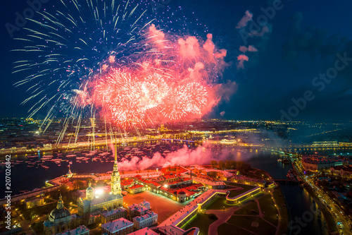Panorama of St. Petersburg. Salute above the Peter and Paul Fortress. Russian Federation. The City of St. Petersburg. Scarlet sails. Day of the city. Holidays in Russia.