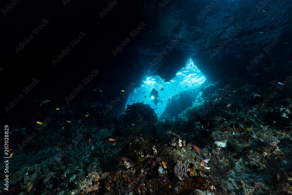 Fototapeta premium woman diver underwater at the entrance of a cave with sunrays