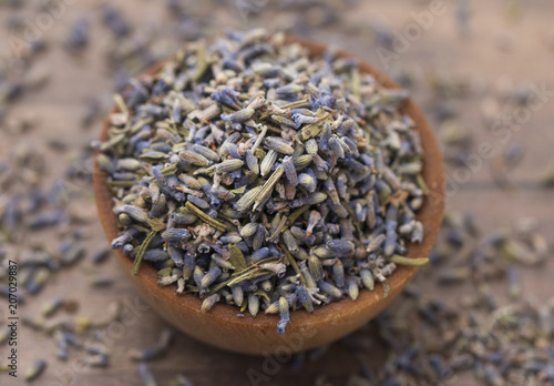 Dried Lavender in a Wooden Bowl