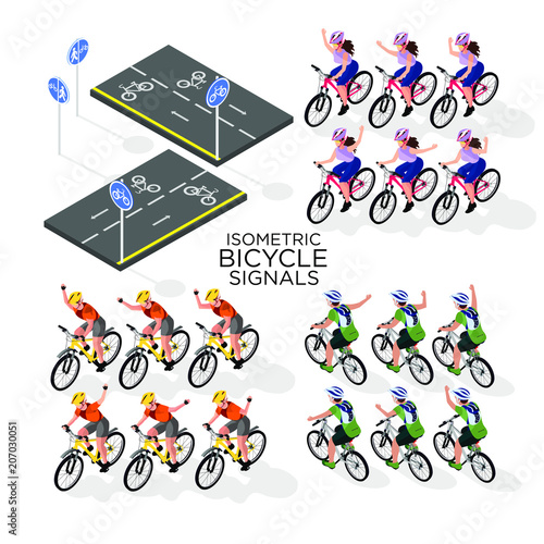 set for cycling. Hand signals for cyclists, road signs for cyclists. isometric 3d