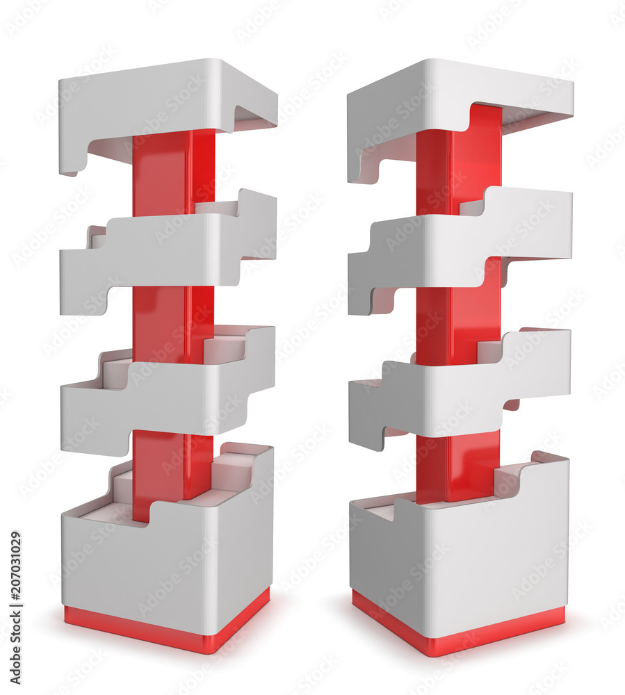 Empty red and white vertical display case with shelves. 3d illustration set. Isolated on white. Empty red and white vertical display case with shelves. 3d illustration set. Isolated on white.