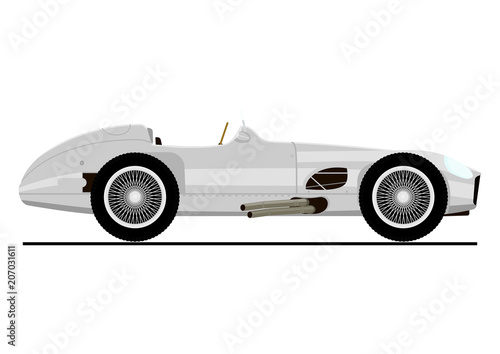 Sticker of retro race car. Side view. Flat vector.