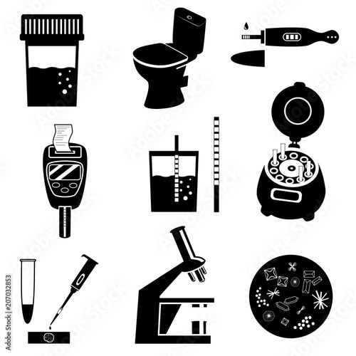 Silhouettes of urine test analysis and medical laboratory equipment. Black and white vector illustration. Laboratory icons set
