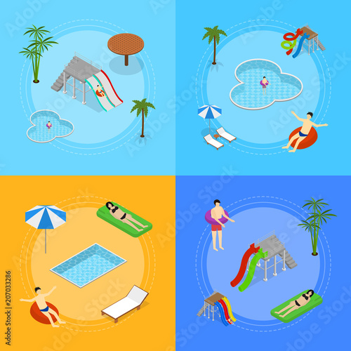 Aqua Park Banner Card Set Isometric View. Vector