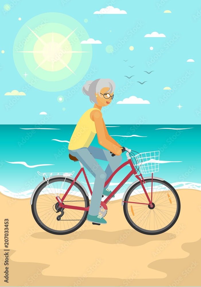 Fototapeta premium Senior woman on bike with basket. Elderly woman cycling on the summer sea beach. Healthy lifestyle, sport, transportation concept vector illustration.