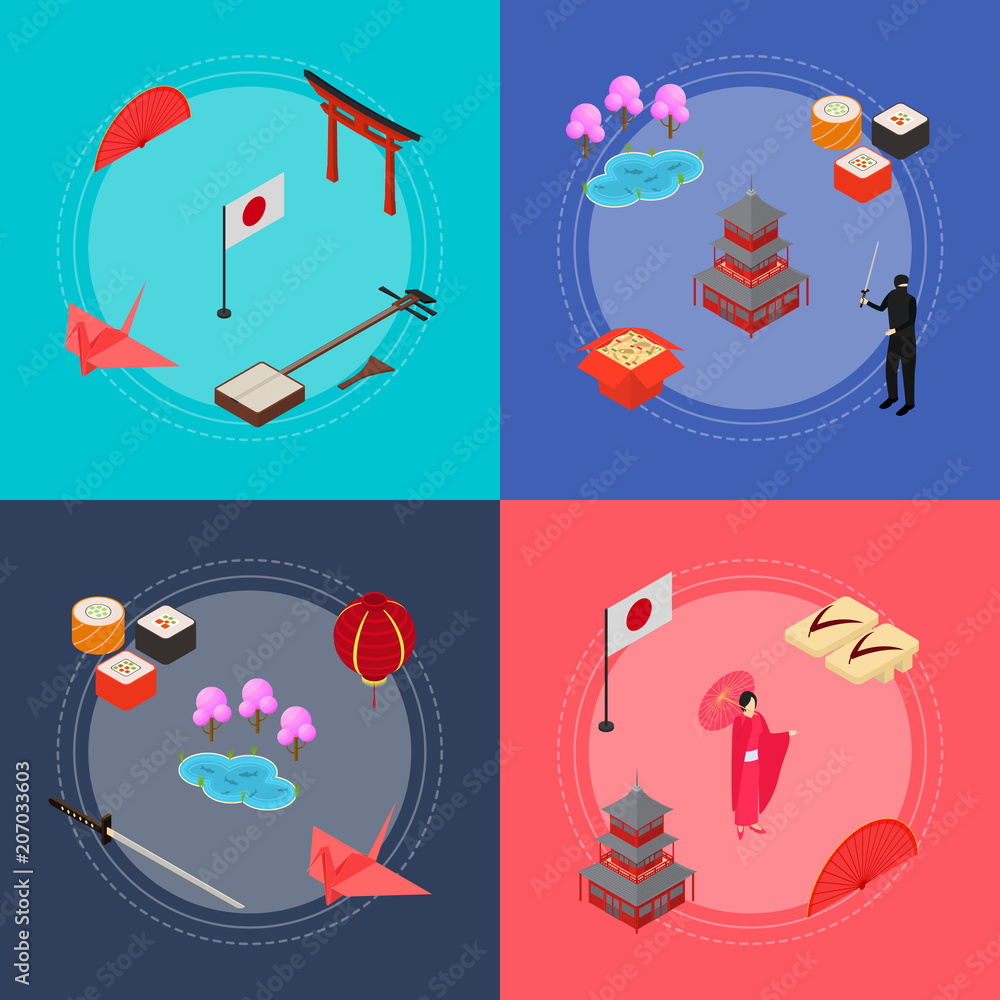 Fototapeta premium Symbol of Japan Banner Card Set Isometric View. Vector