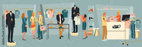 Shopping people interior. People make a purchase in the clothing store. Illustration in flat style for banner background. Vector illustration