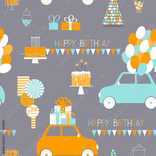 Vector seamless birthday  pattern with cars, balloons and gifts