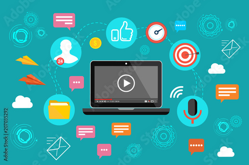 Video marketing. Video, webinar, online conference. Online communication on the Internet.