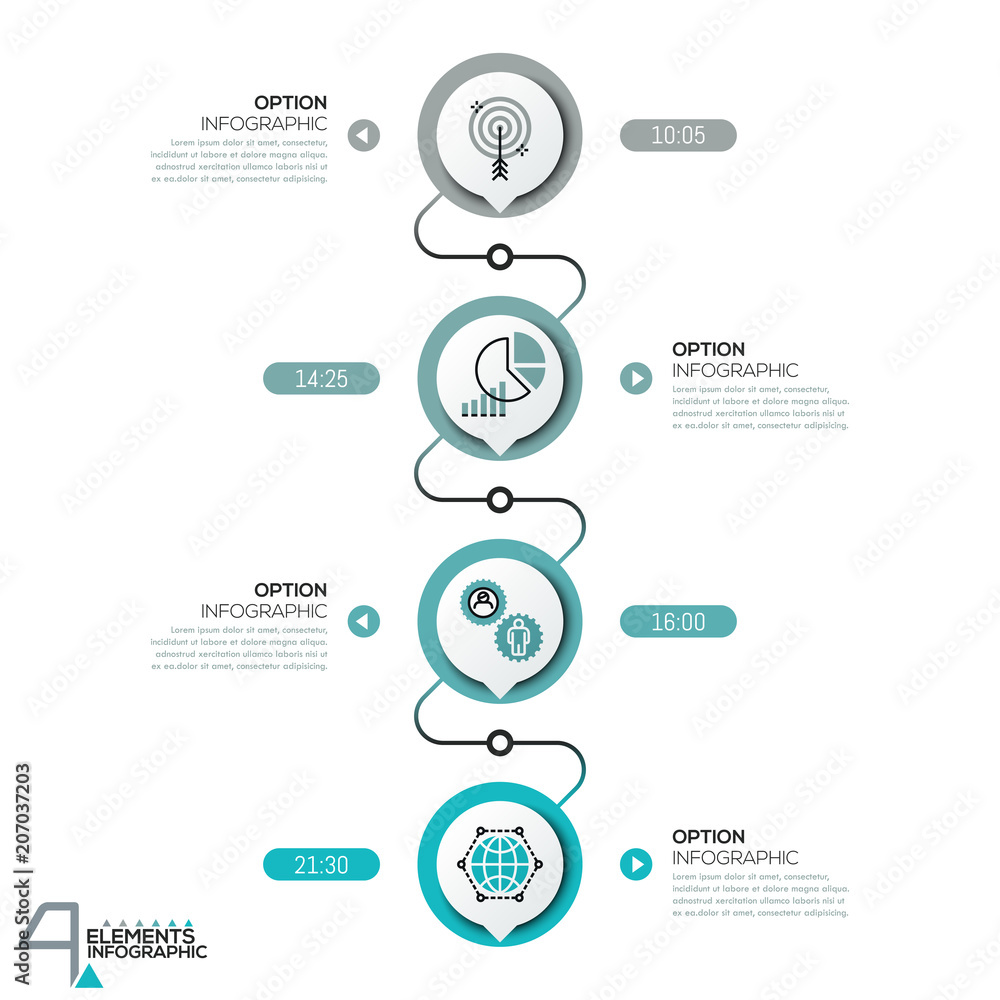 Infographic design template, diagram with 4 circular elements successively connected by lines Infographic design template, diagram with 4 circular elements successively connected by lines