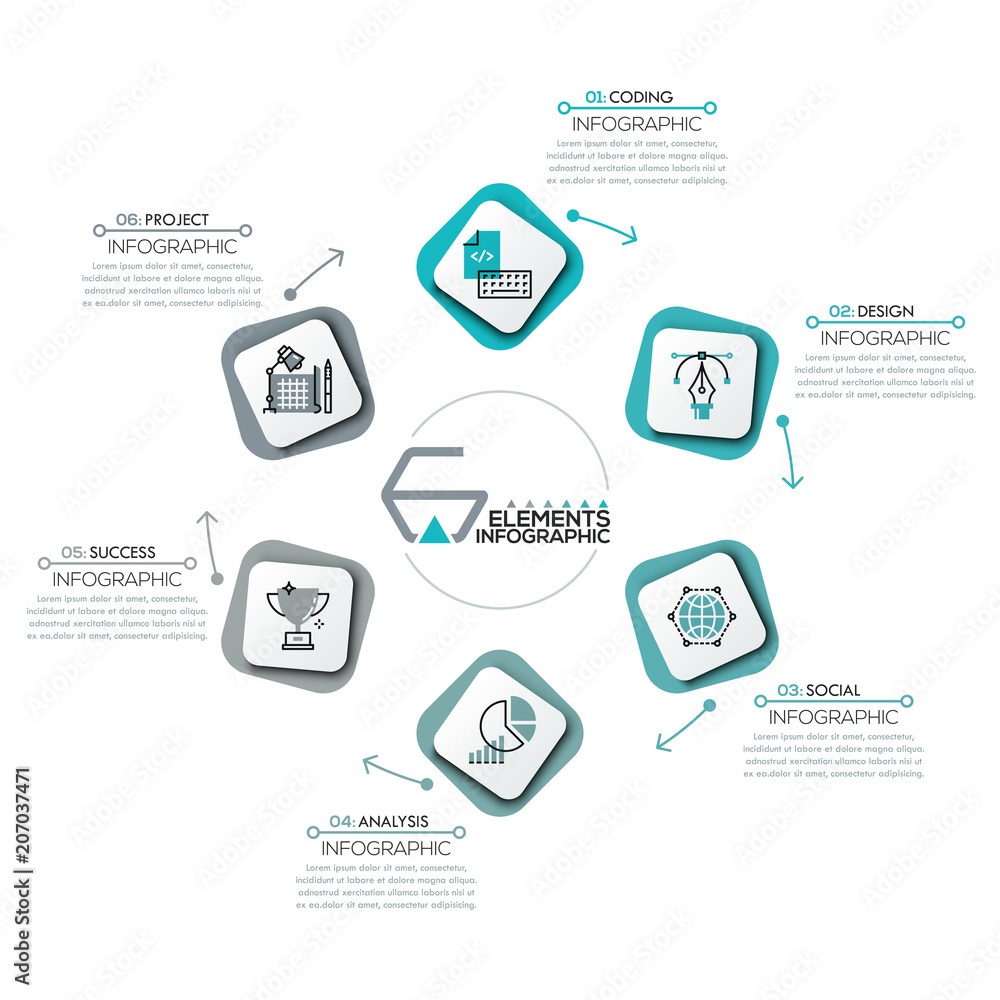 Circular diagram, 6 rounded rectangles with icons in thin line style Circular diagram, 6 rounded rectangles with icons in thin line style