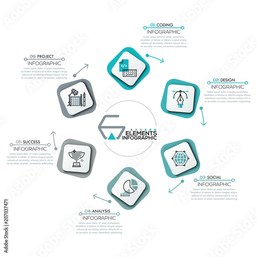 Circular diagram, 6 rounded rectangles with icons in thin line style