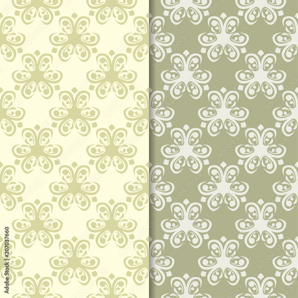 Olive green floral backgrounds. Set of seamless patterns Olive green floral backgrounds. Set of seamless patterns